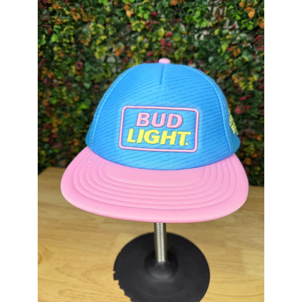 Bud Light 90s Throwback Trucker Hat Blue Pink Retro Snapback Mesh Cap
